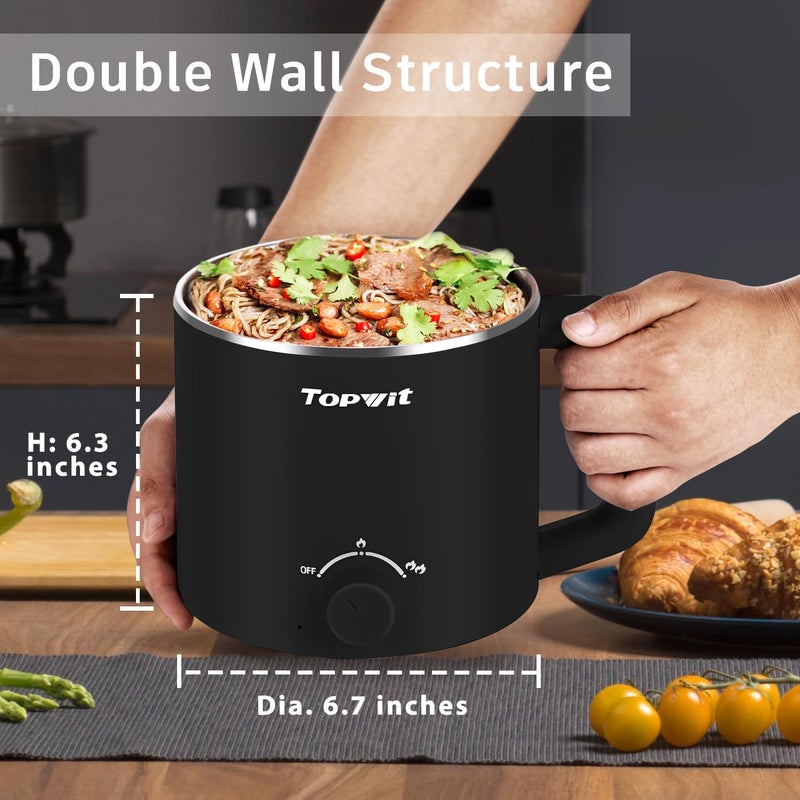 TopWit Hot Pot Electric with Steamer, 1.6L Ramen Cooker, Electric Pot for Pasta, Shabu-Shabu, Oatmeal, Soup and Egg, Portable Cooker with Dual Power Control, Dorm Room Essentials, Black - Image 4